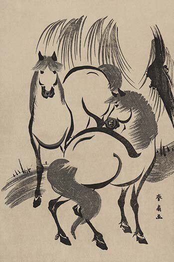 Horses Under A Willow Tree. by Shunsen Katsukawa Print